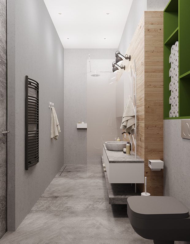 The bathroom is industrial, with lots of concrete and a wooden wall
