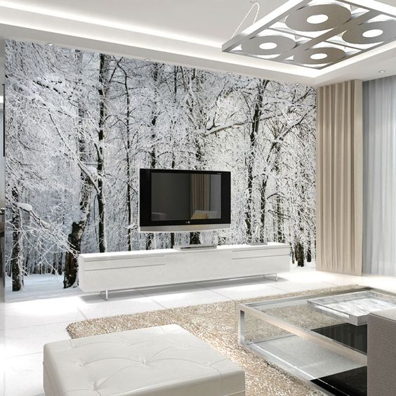winter landscape with a birch tree forest strikes in this neutral living room