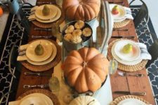 08 large and tiny pumpkins as a table runner, woven chargers and pear as favors