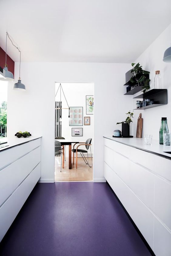 bold purple vinyl flooring for a modern kitchen