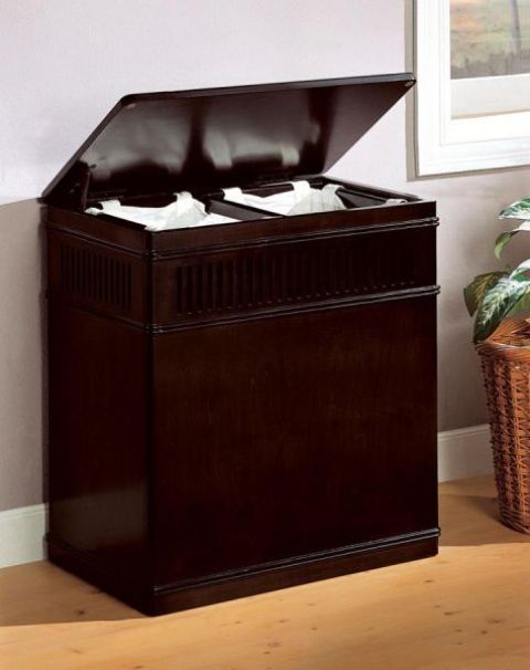 Dark wood laundry hamper with a