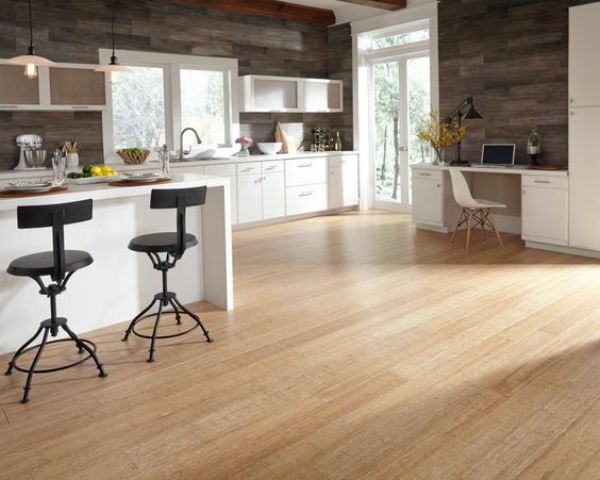 light-colored kitchen floors to contrast with weathered wood walls
