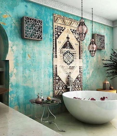 turquoise boho luxe Moroccan bathroom