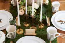 10 moss table runner, pumpkins, gilded candle holders and leaves