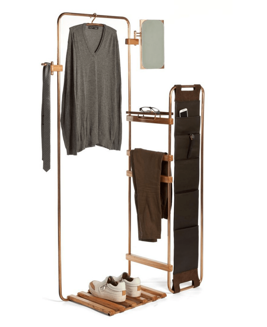 Wood and metal rack that provides numerous storage options for various things