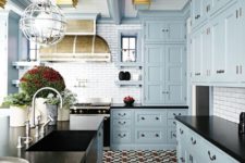 11 red, blue and cream floor tile creates an ambience in this kitchen
