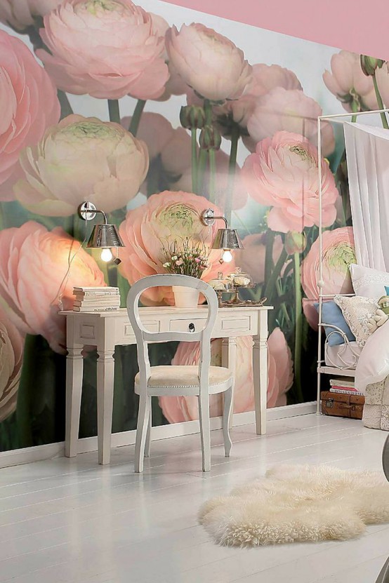 flower photo mural highlights the tenderness of a girlish space
