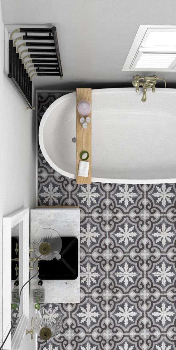 Grey and white porcelain tiles create an eye catchy touch in this bathroom