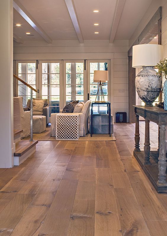 wide plank white oak hardwood floor for a living room