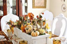 12 wooden box centerpiece, antlers, pumpkins, fall leaves and plaid blankets