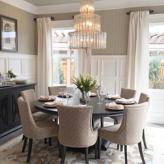 elegant dining room with grey walls and white wainscoting to make it more refined