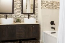 13 travertine floors become an accent in this bathroom