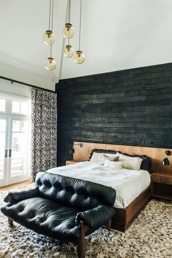 unique charred wall for a master bedroom