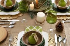 17 green glass, sage green napkins and dark green chargers with burlap accents