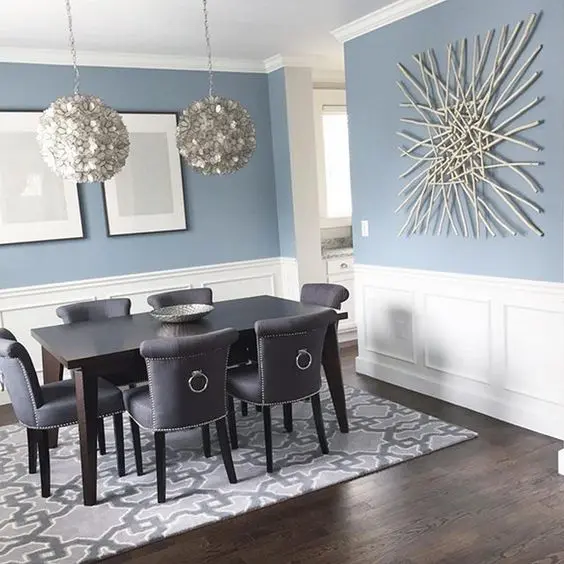 modern coastal dining area with wainscoting walls that highlight the blue color