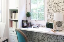 19 animal-printed wallpaper accentuates a small home office nook
