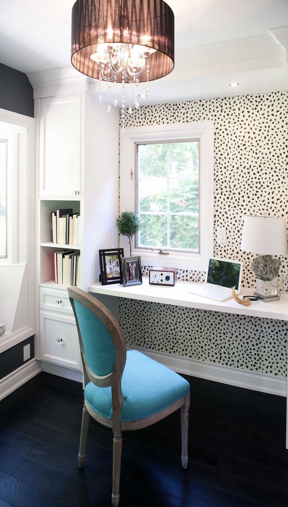 animal-printed wallpaper accentuates a small home office nook