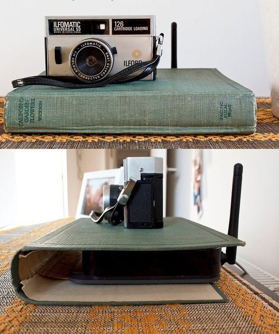 use an old book to cover and hide your unsightly router