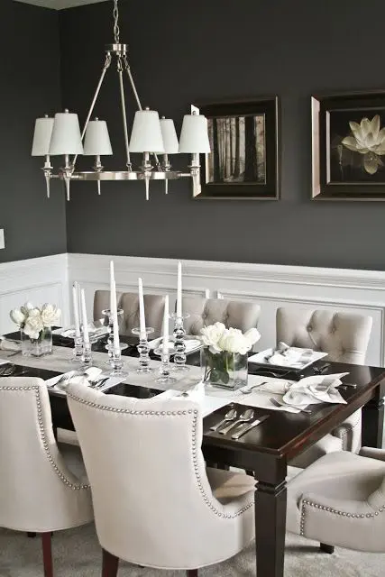 dark grey walls contrast with white wainscoting