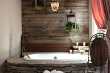 20 dark wood wall echoes with stone bathtub decor