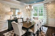 21 elegant dining space with patterned wallpapers and low wainscoting