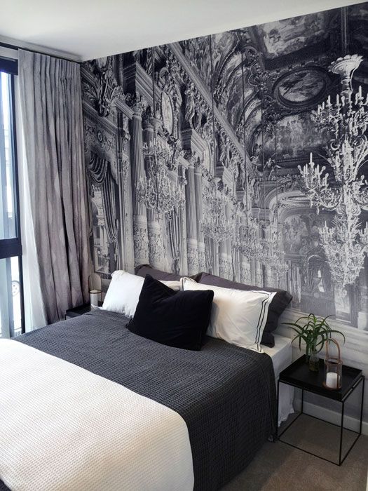 exquisite black and white mural to add chic to this simple bedroom