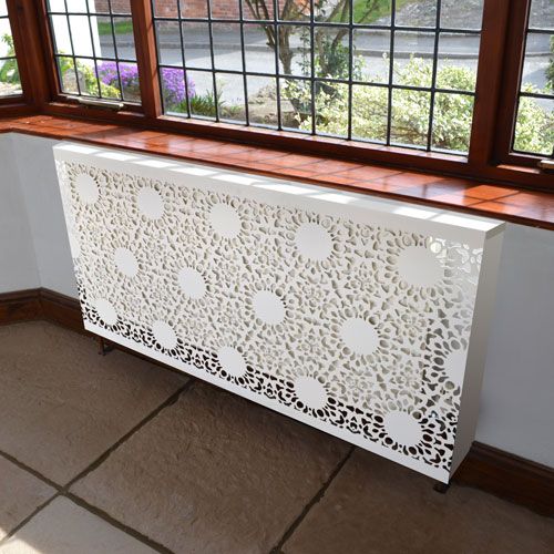 white lace radiator cover with a contemporary design