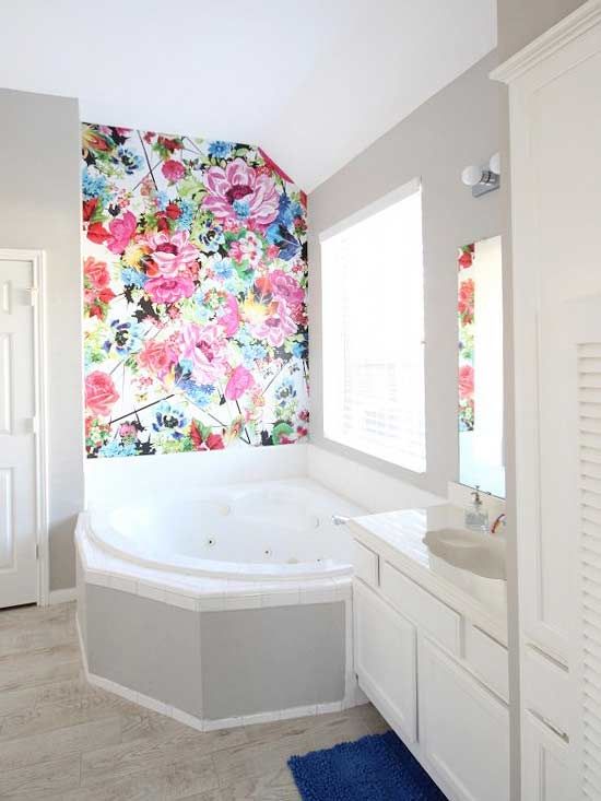 add color to your bathroom with this floral wallpaper