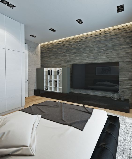 faux stone accent wall adds lots of elegance to this minimalist bedroom