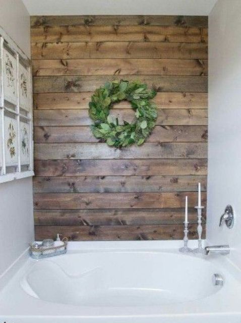 wooden planks to make a clean white bathroom more inviting