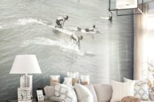 24 Newport beach photo mural adds an unexpected lively touch to this calm living room
