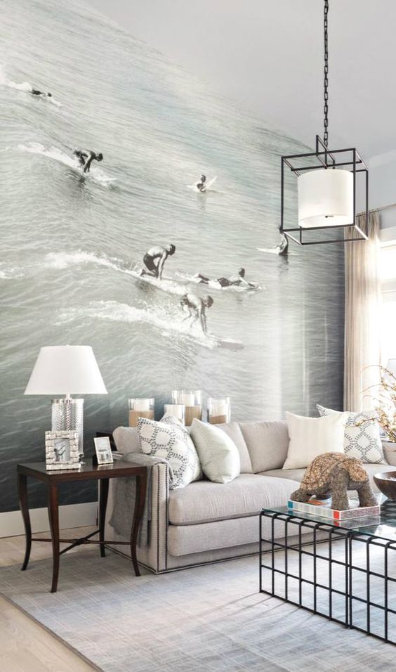 Newport beach photo mural adds an unexpected lively touch to this calm living room