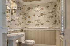 24 beige wainscoting with fish-patterned wallpaper