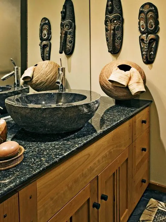 25 Masks on the wall and a basket used for holding towels
