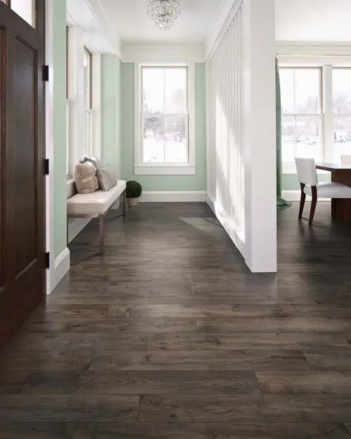 dark hardwood floors create a contrast with mint green walls
