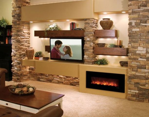 fireplace and media wall decorated with stone