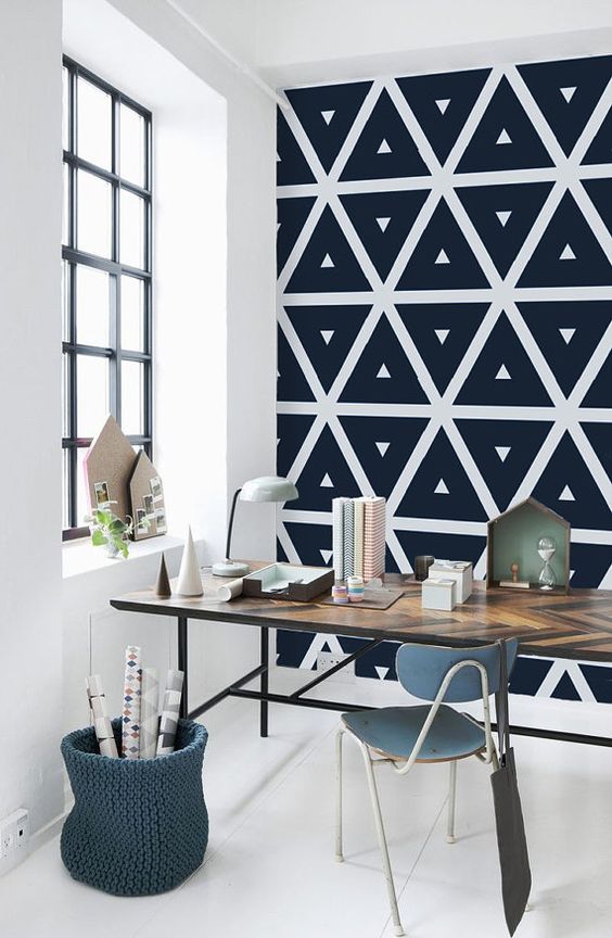 monochromatic geometric self-adhesive wallpaper is a great idea for a modern workspace