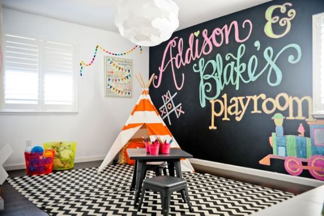 27 colorful play space with a chalkboard wall, a teepee and a desk