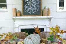 30 rustic tablescape, pumpkins, leaves, chalkboard chargers, plaid scarf