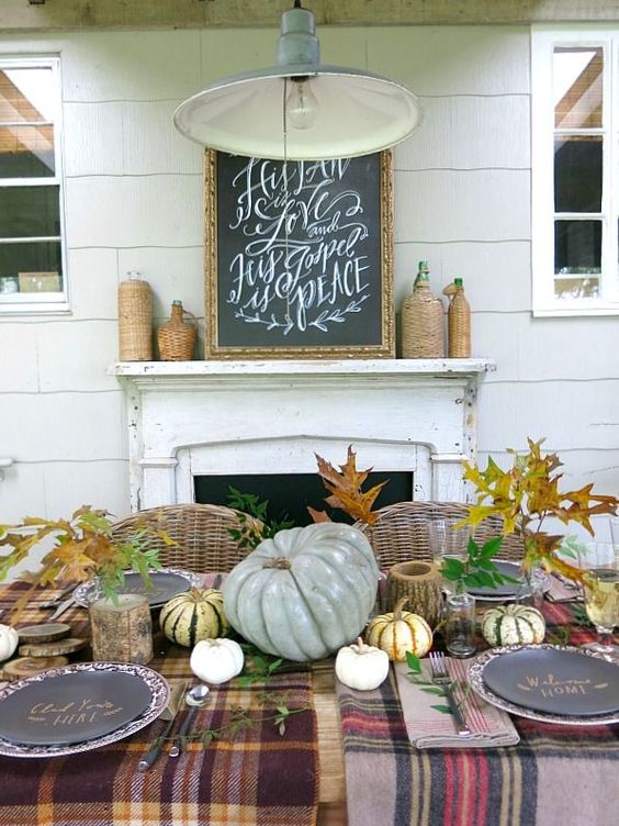 rustic tablescape, pumpkins, leaves, chalkboard chargers, plaid scarf