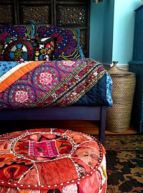 bold bedding, bedspread and fabric pouf
