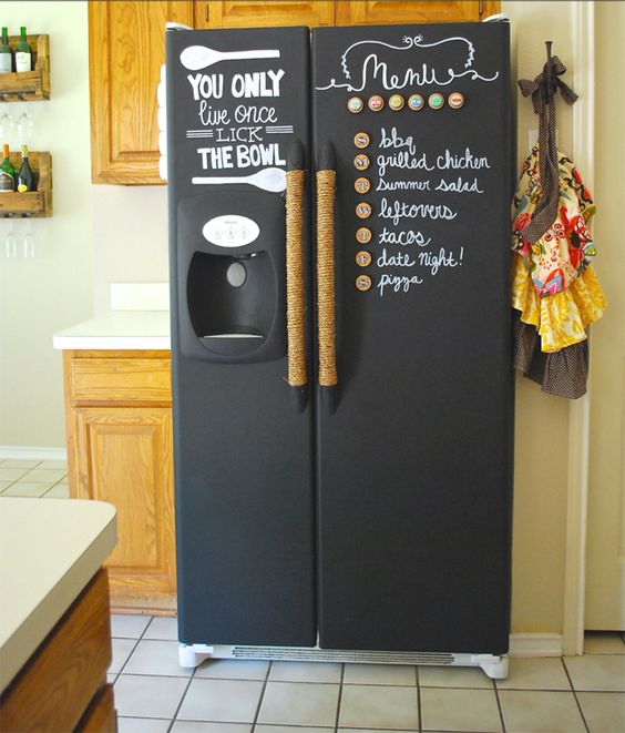 chalkboard fridge finish and rope covered handles