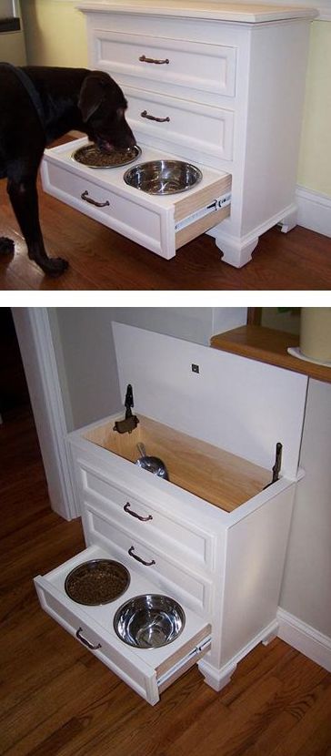 pet-feeding hutch from a salvegaed dresser with a built-in food drawer