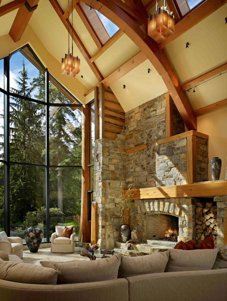 If you have a fireplace then a stone accent wall around it is a must. (Montana Rockworks, Inc)