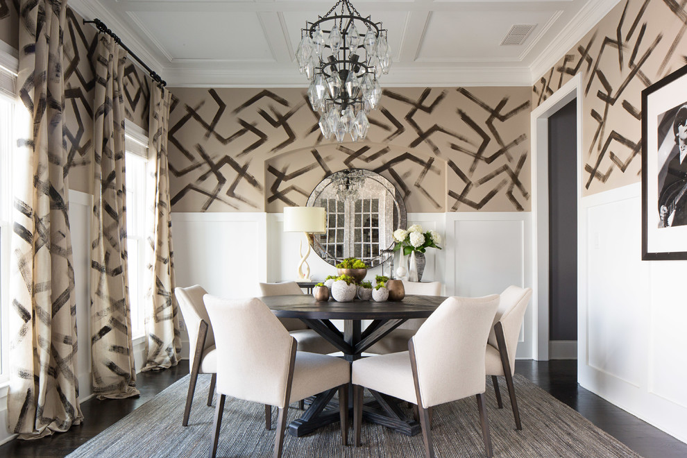 Simple white raised wood paneling to create contrast with a patterned wallpaper. (FORBES + MASTERS)