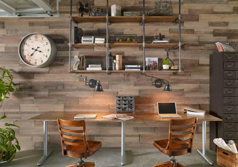 The warm texture of a barn wood wall is great for a cozy home office. (Eldorado Stone)
