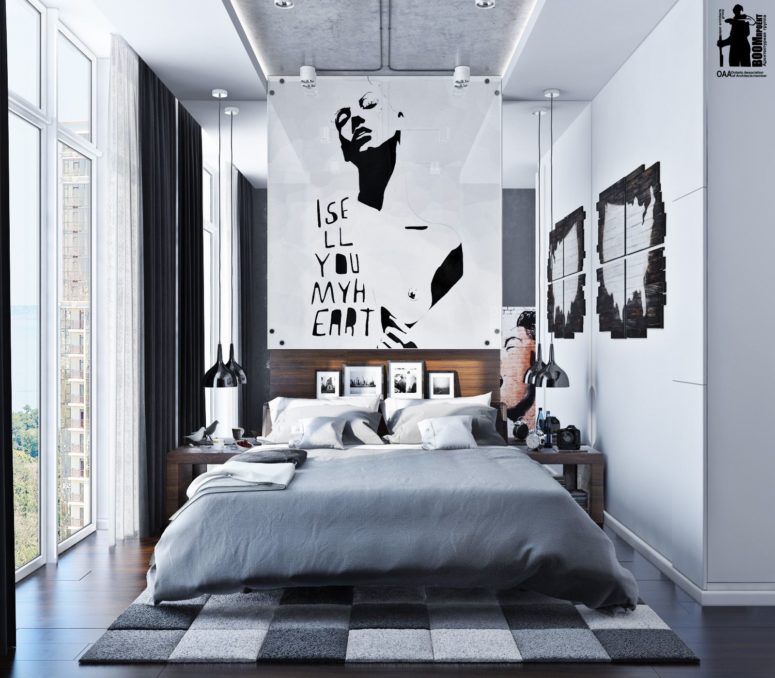 This chic urban bedroom is decorated in modern, even minimalist style with industrial touches