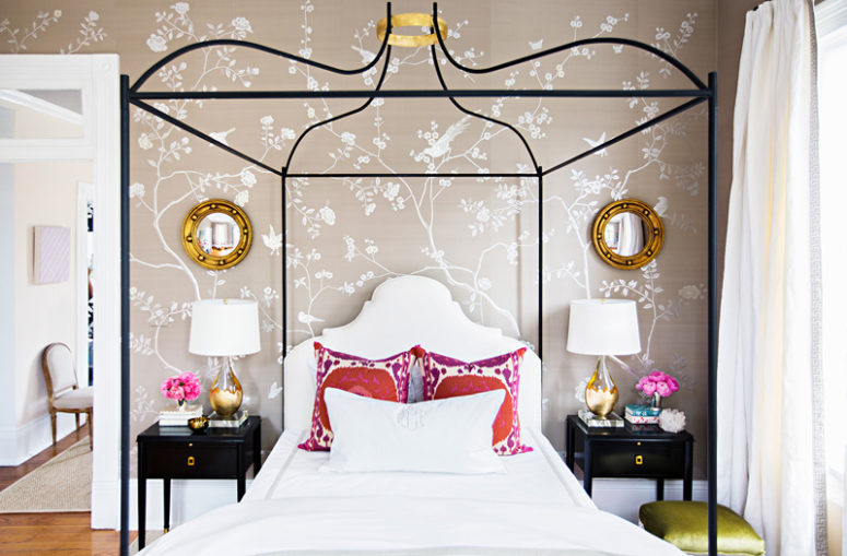 Feminine Bedroom With Glam Touches And Silk Wallpaper