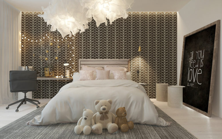 Stylish Girl’s Room With A Patterned Headboard Wall
