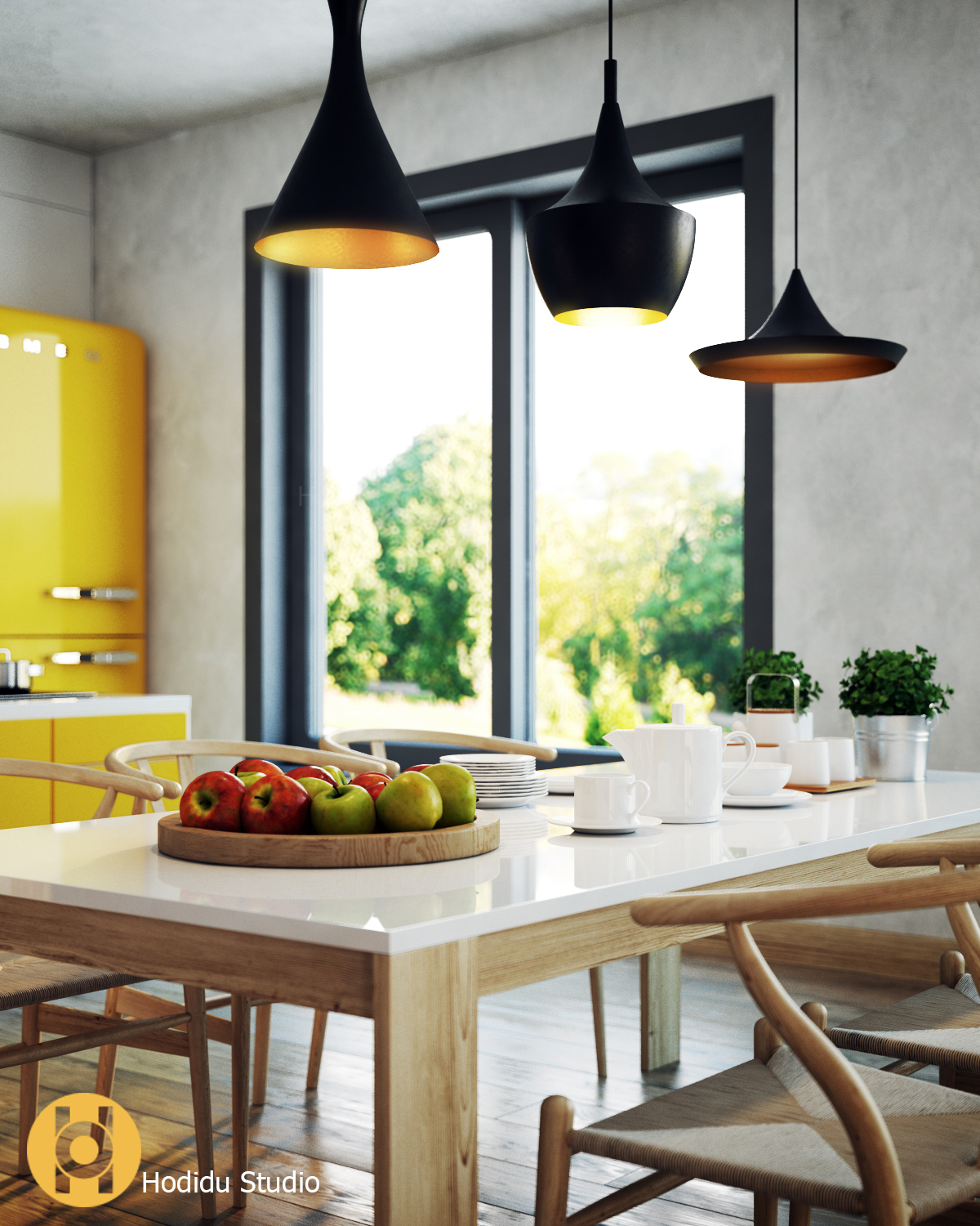 A floor to ceiling window brings light in and black lamps have sunny yellow inner sides to keep the color scheme